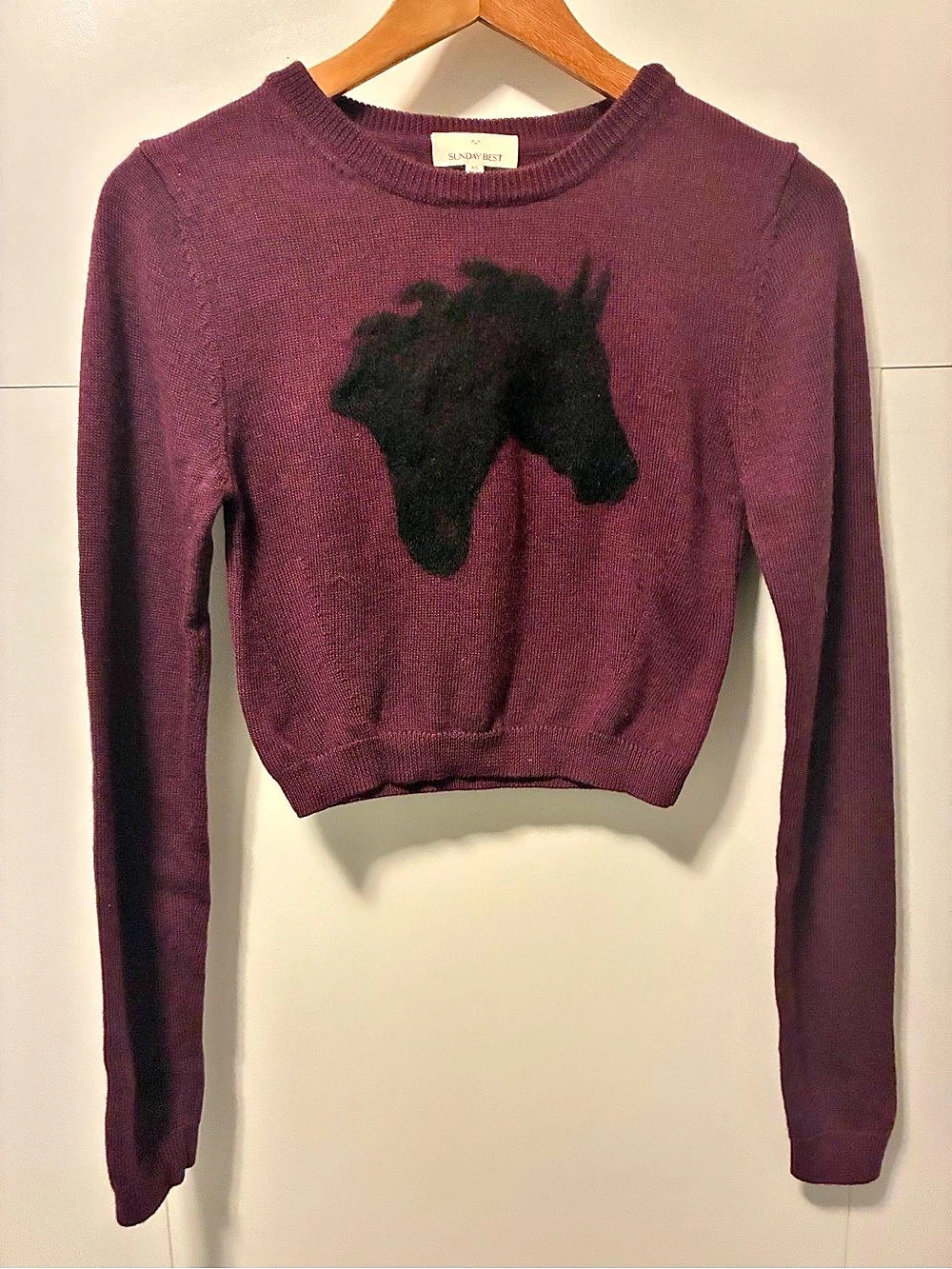 Sunday Best Graphic Cropped Crewneck Graphic Sweater in Burgundy Size XS